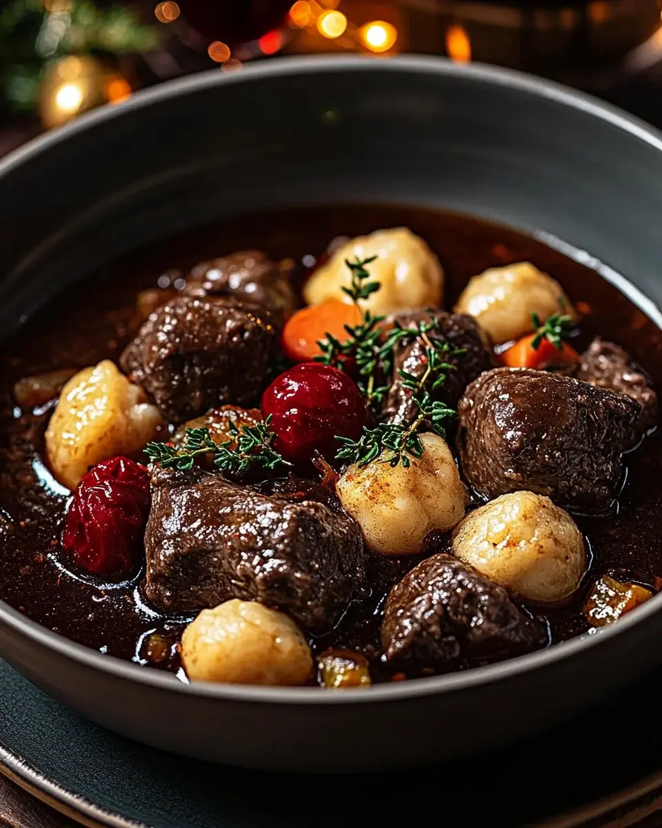 Herzhafter Rindfleischeintopf mit Rotwein und Gemüse genießen!