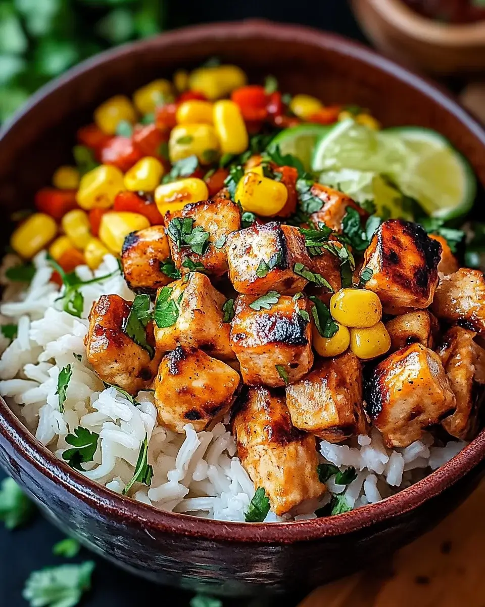 Mexikanische Straßenmais-Hühnchen-Reis-Schüssel genießen!